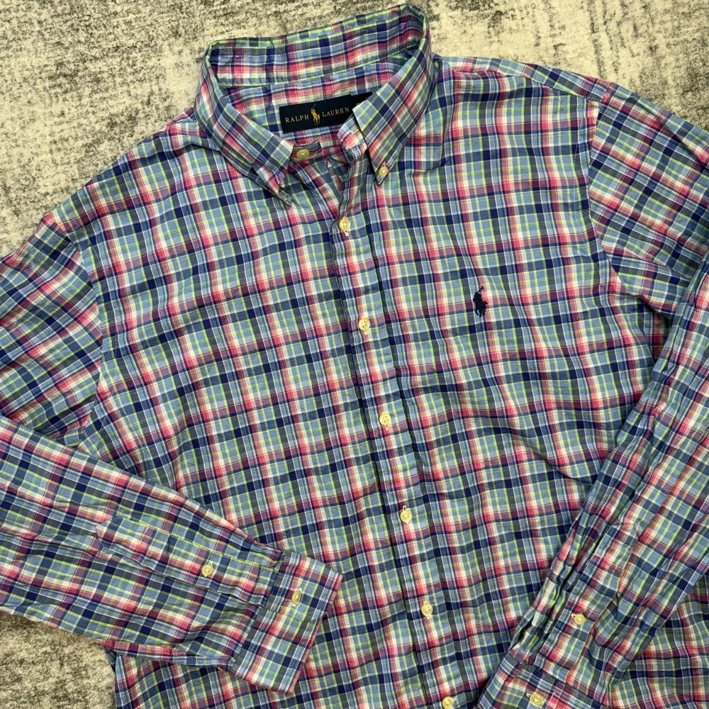 Polo Ralph Lauren Shirt Men XL Blue Bright Colorful Plaid Button Down Preppy Ivy